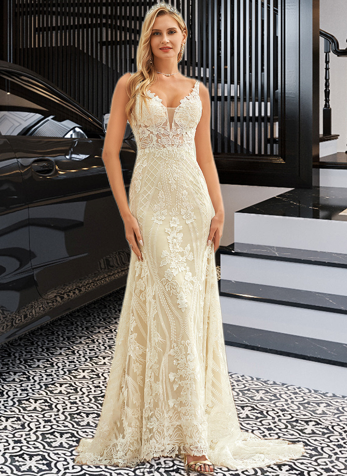 Kaya Trumpet/Mermaid V-neck Court Train Tulle Lace Wedding Dress DFP0013708