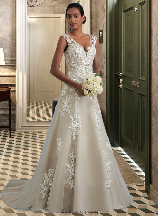 Penny A-Line V-neck Court Train Tulle Lace Wedding Dress With Beading Sequins DFP0013709