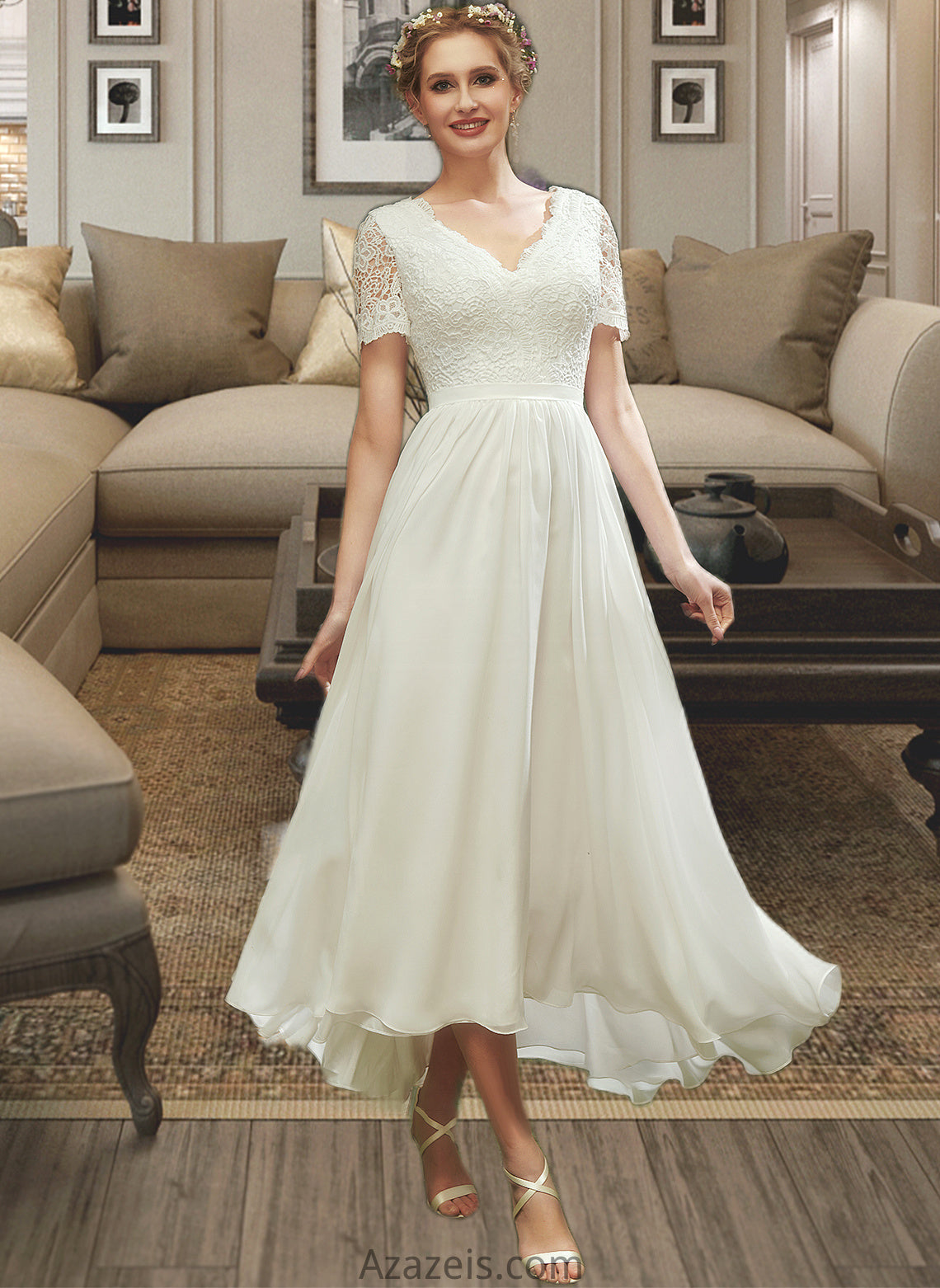 Audrey A-Line V-neck Asymmetrical Wedding Dress With Lace DFP0013712