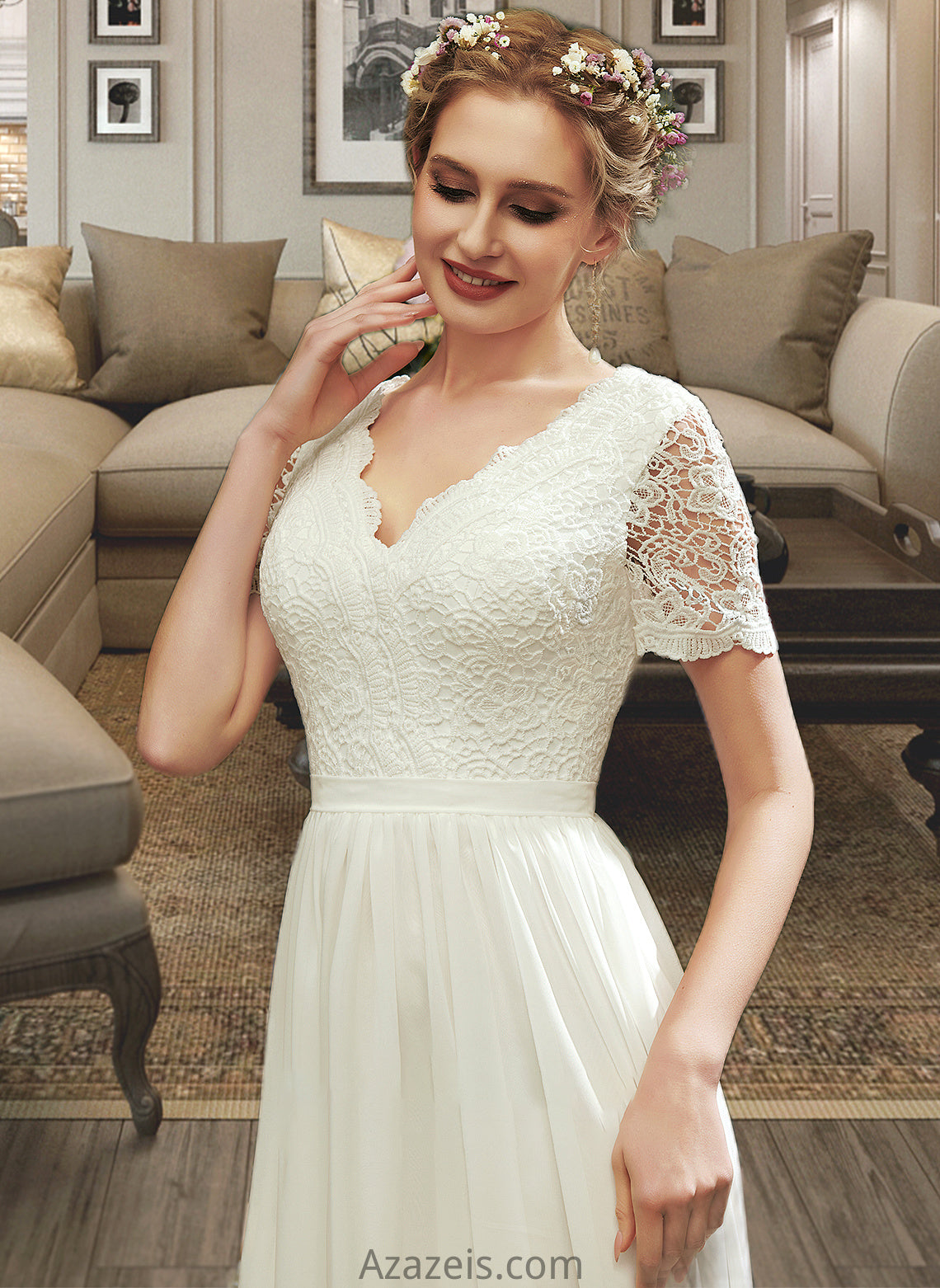 Audrey A-Line V-neck Asymmetrical Wedding Dress With Lace DFP0013712