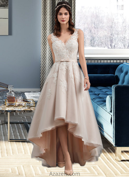 Lana A-Line V-neck Asymmetrical Tulle Lace Wedding Dress With Bow(s) DFP0013717