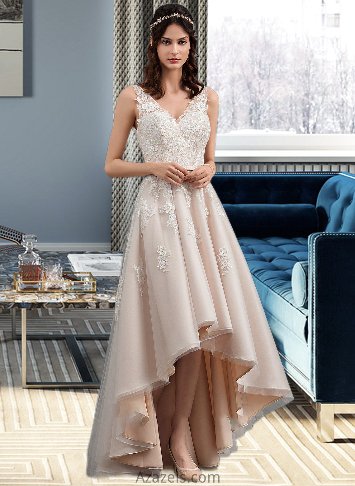 Lana A-Line V-neck Asymmetrical Tulle Lace Wedding Dress With Bow(s) DFP0013717