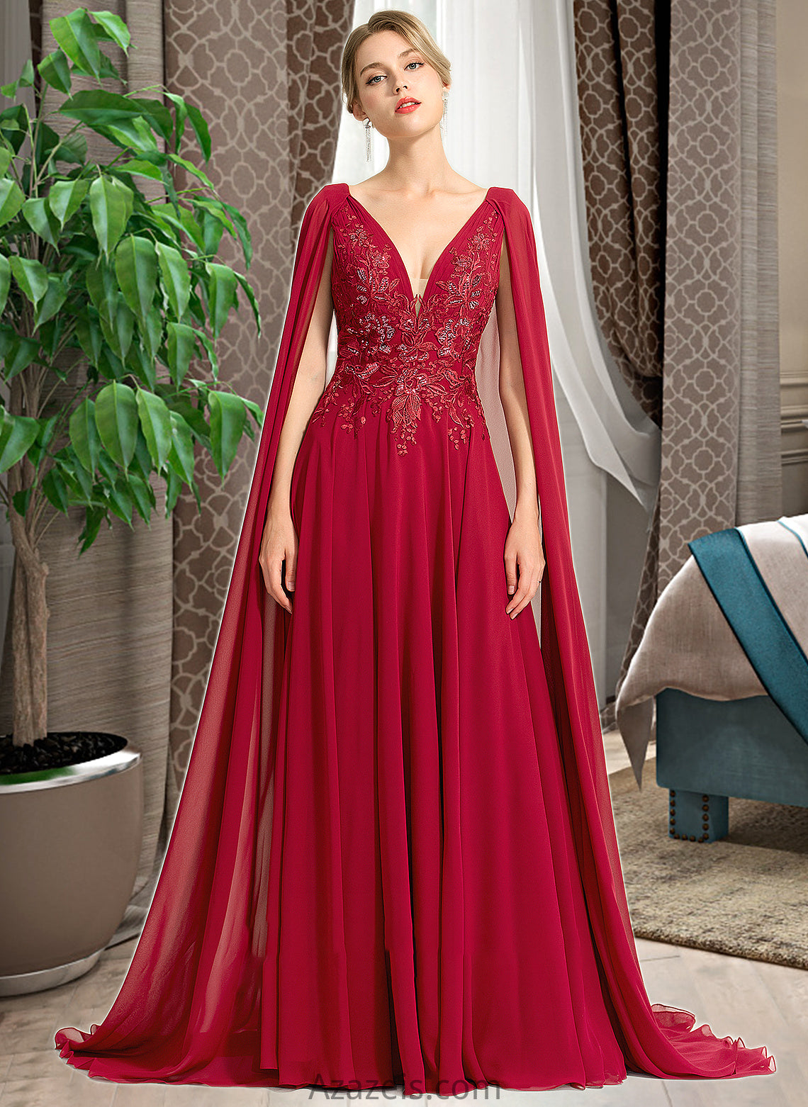 Tiffany A-Line V-neck Floor-Length Chiffon Wedding Dress With Sequins DFP0013718