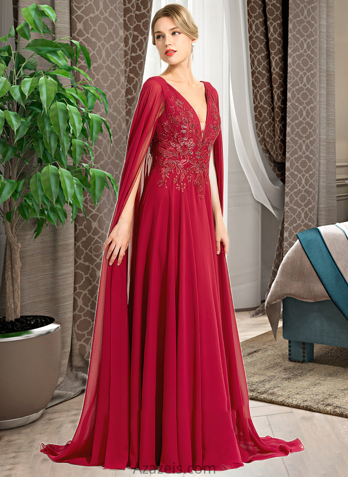 Tiffany A-Line V-neck Floor-Length Chiffon Wedding Dress With Sequins DFP0013718