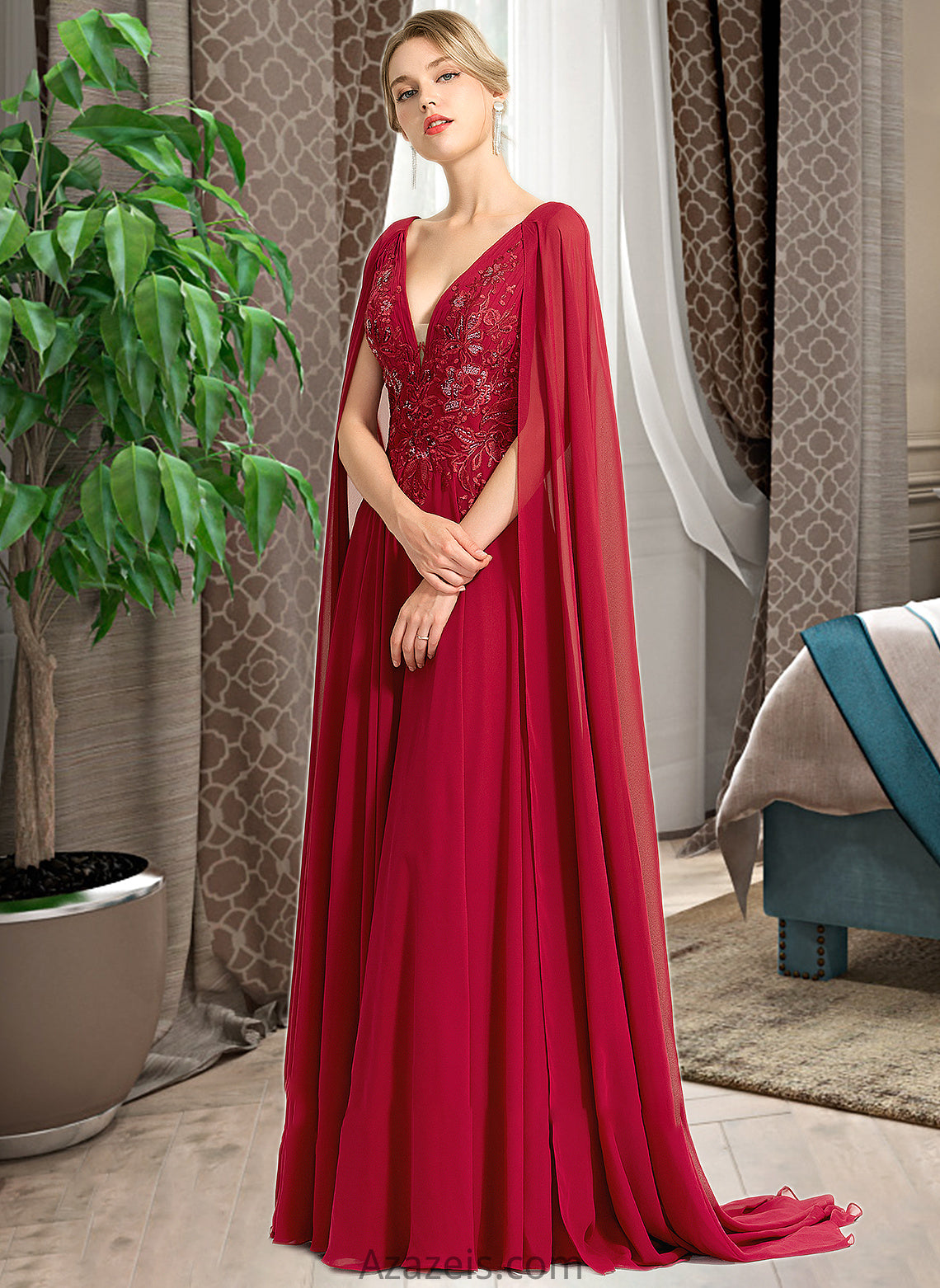 Tiffany A-Line V-neck Floor-Length Chiffon Wedding Dress With Sequins DFP0013718