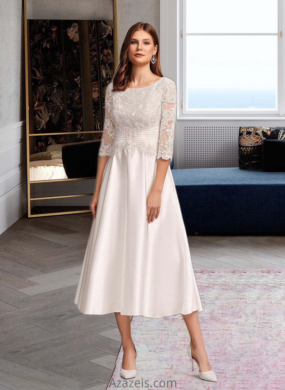 Sherlyn A-Line Scoop Neck Tea-Length Wedding Dress With Pockets DFP0013723