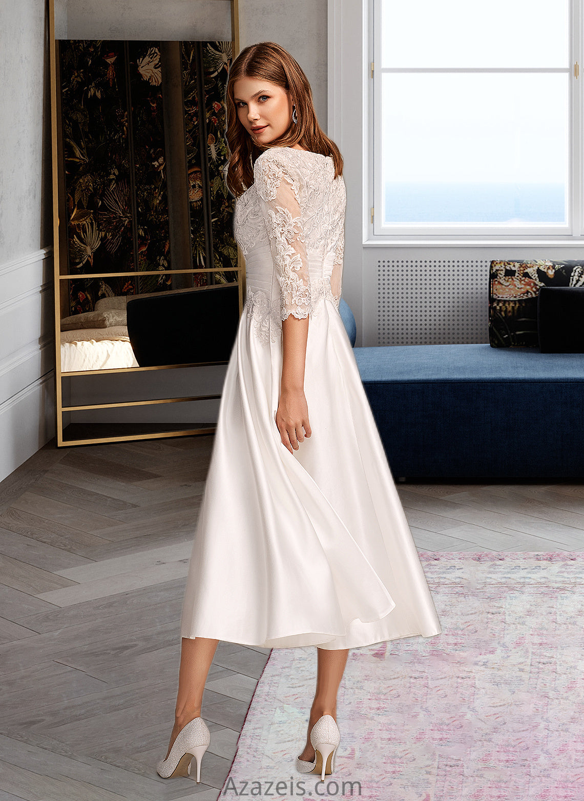 Sherlyn A-Line Scoop Neck Tea-Length Wedding Dress With Pockets DFP0013723