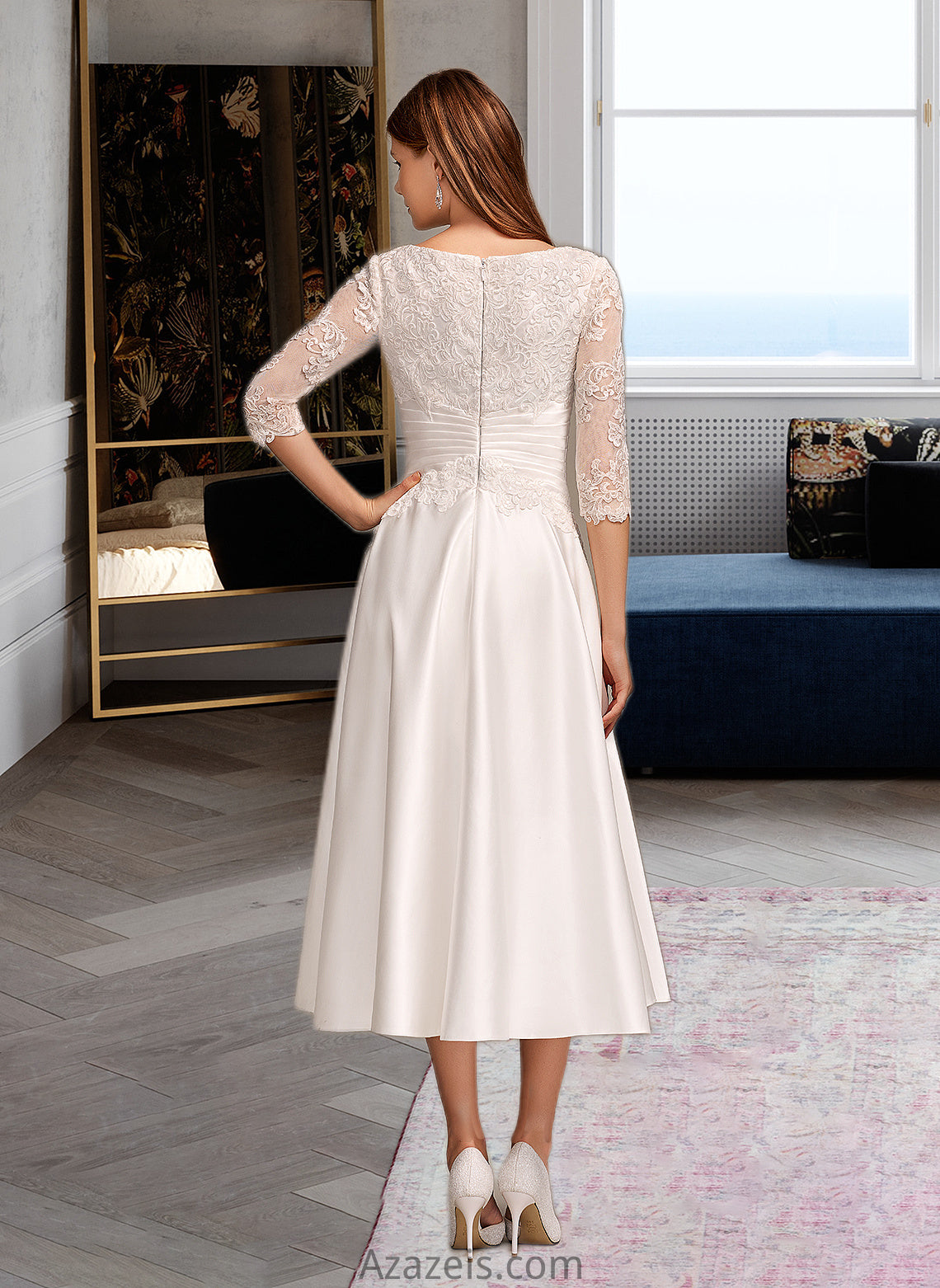 Sherlyn A-Line Scoop Neck Tea-Length Wedding Dress With Pockets DFP0013723