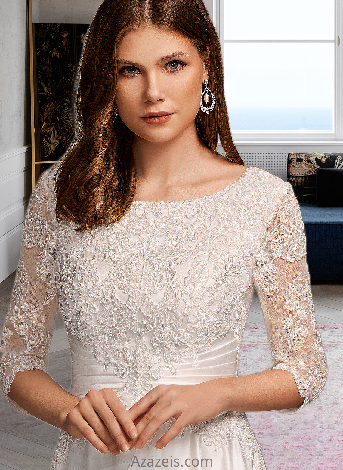 Sherlyn A-Line Scoop Neck Tea-Length Wedding Dress With Pockets DFP0013723