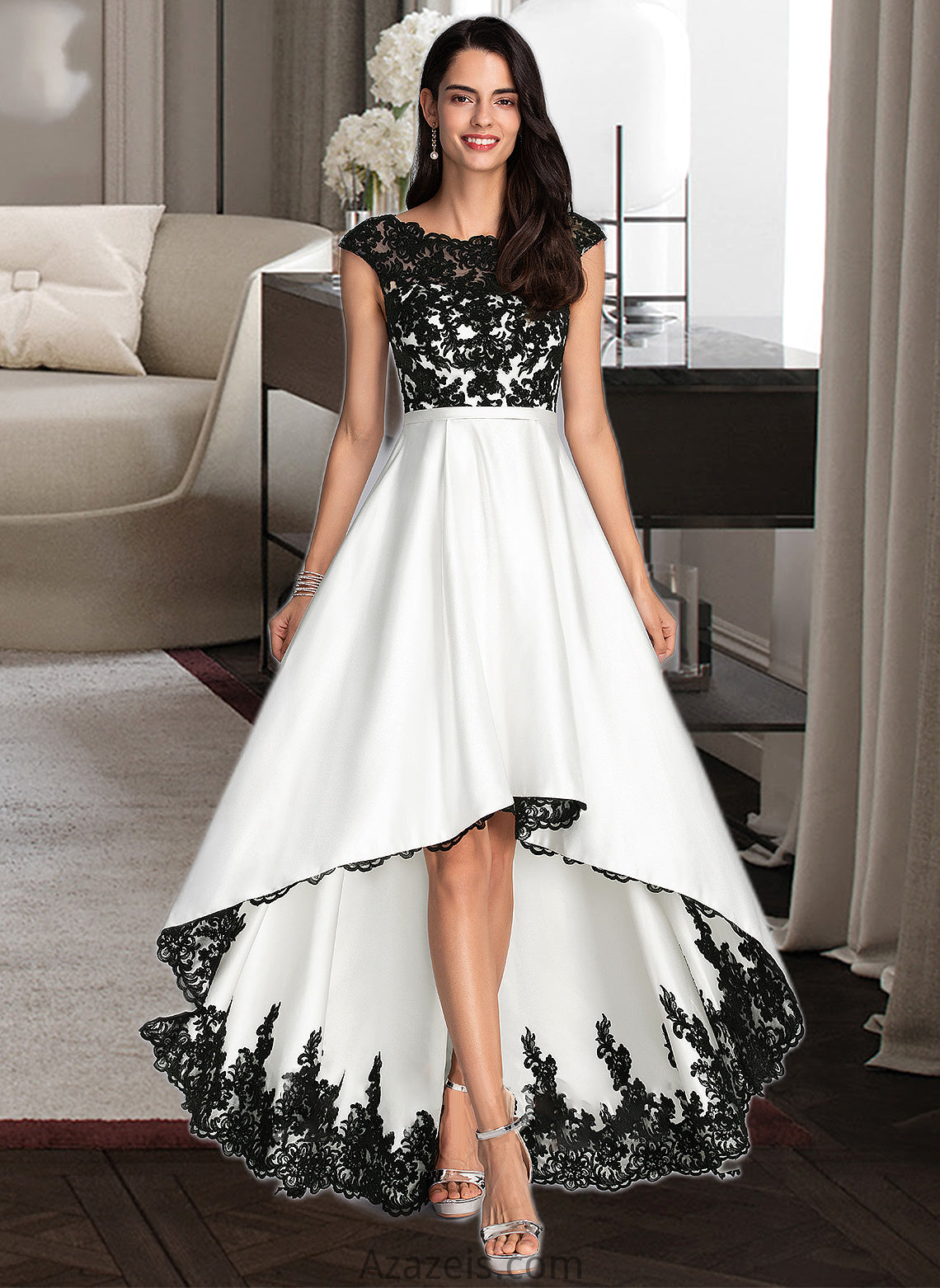 Angeline Ball-Gown/Princess Scoop Neck Asymmetrical Satin Wedding Dress DFP0013728