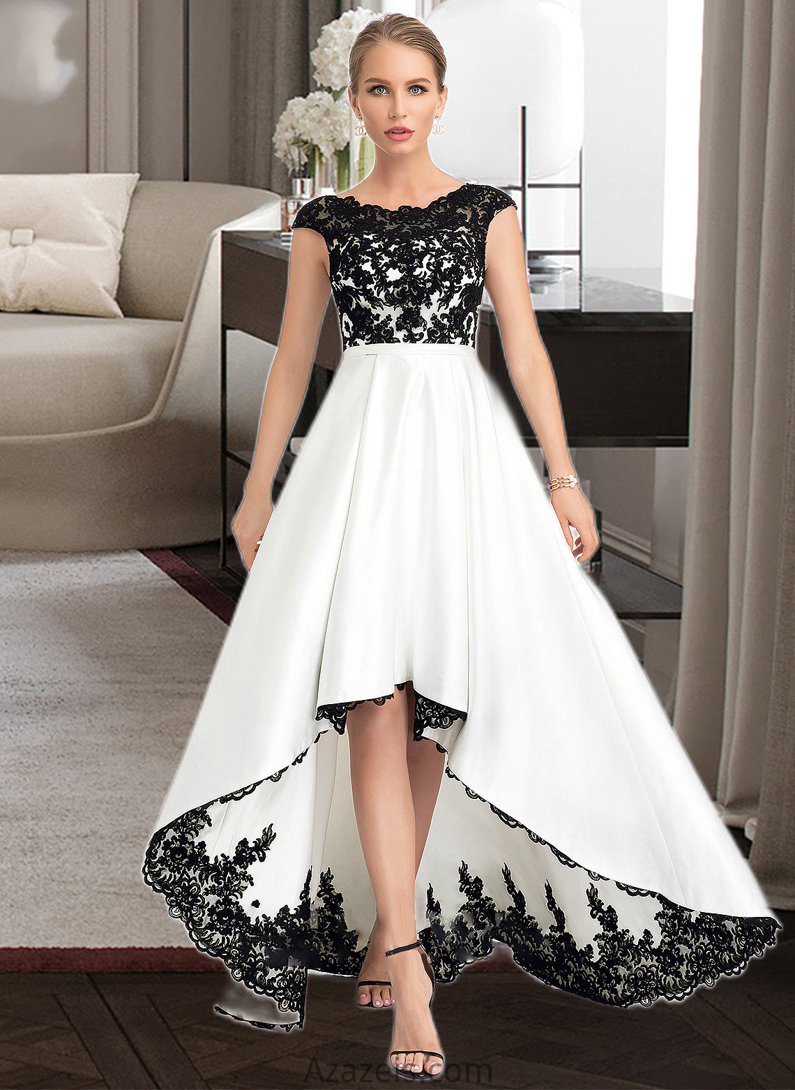 Angeline Ball-Gown/Princess Scoop Neck Asymmetrical Satin Wedding Dress DFP0013728