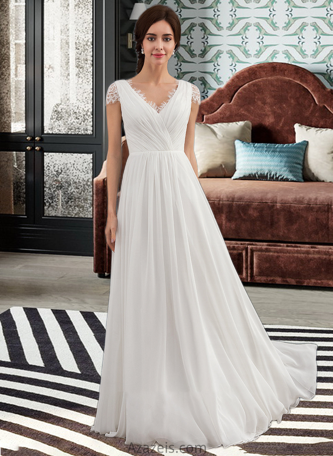 Kelsey A-Line V-neck Floor-Length Chiffon Lace Wedding Dress With Ruffle DFP0013729