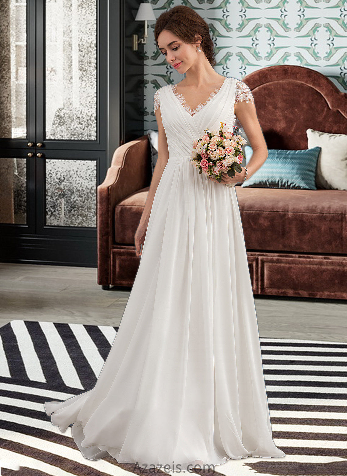 Kelsey A-Line V-neck Floor-Length Chiffon Lace Wedding Dress With Ruffle DFP0013729