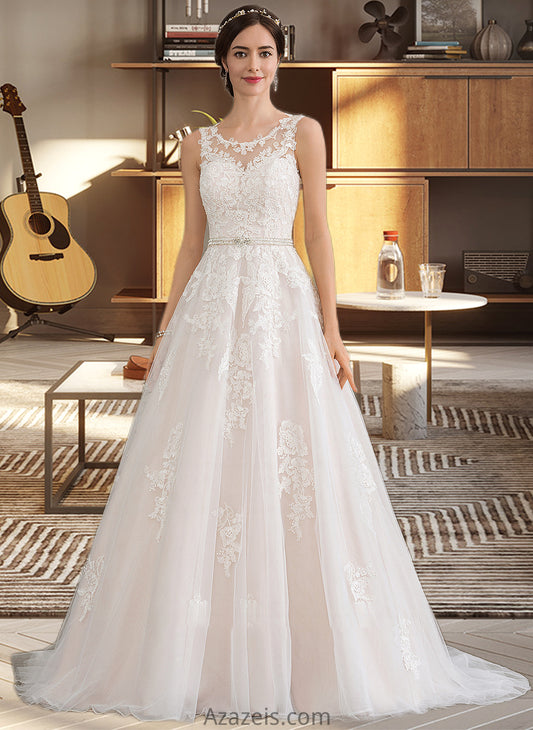 Allyson Ball-Gown/Princess Scoop Neck Court Train Tulle Wedding Dress With Beading Sequins DFP0013730