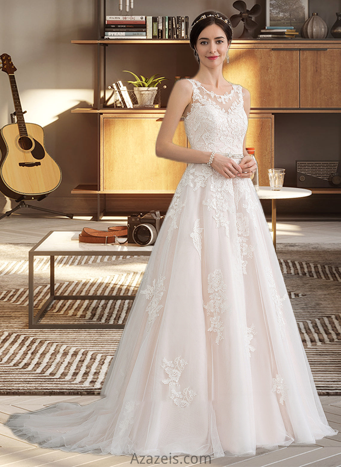 Allyson Ball-Gown/Princess Scoop Neck Court Train Tulle Wedding Dress With Beading Sequins DFP0013730