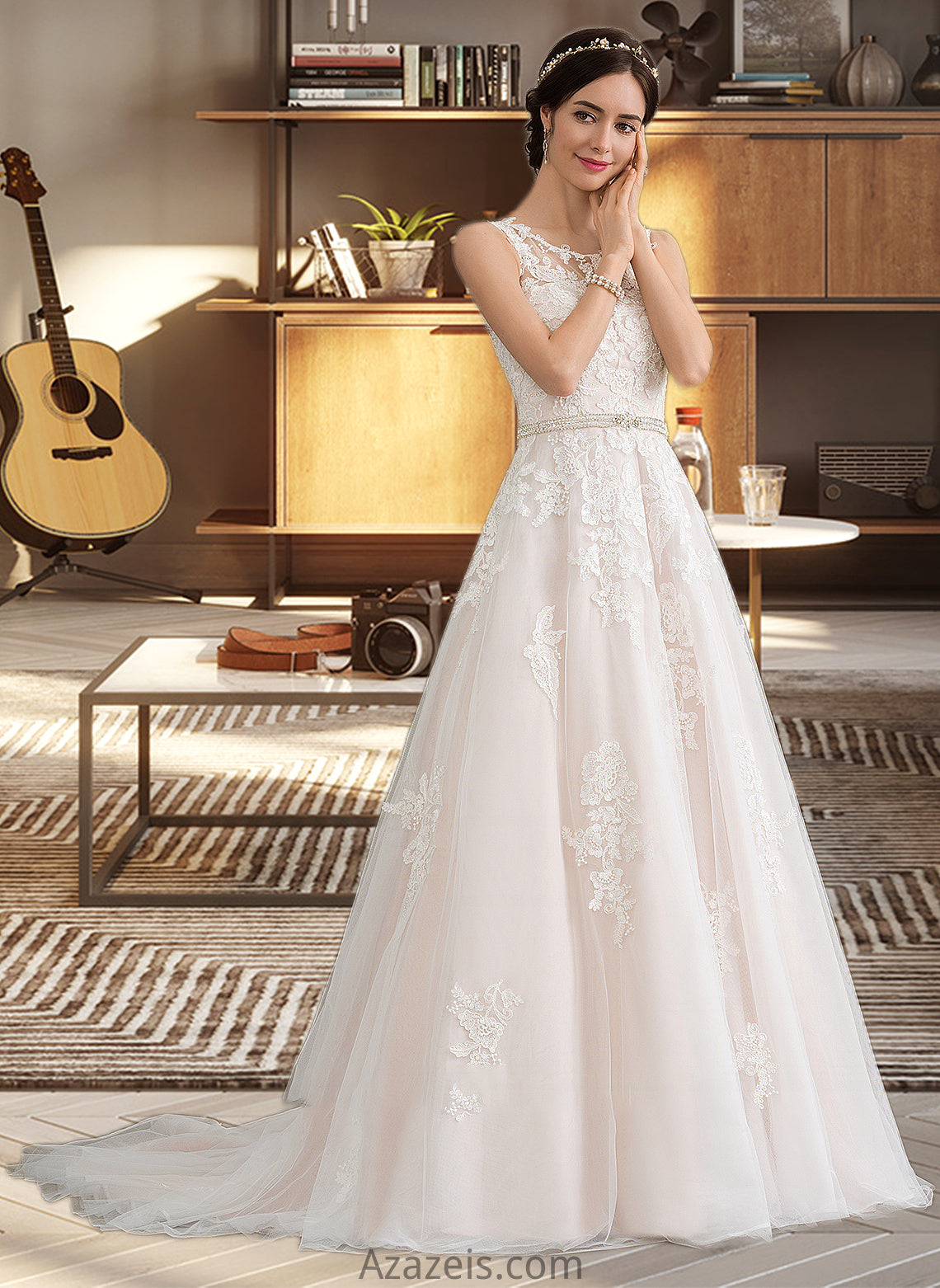 Allyson Ball-Gown/Princess Scoop Neck Court Train Tulle Wedding Dress With Beading Sequins DFP0013730