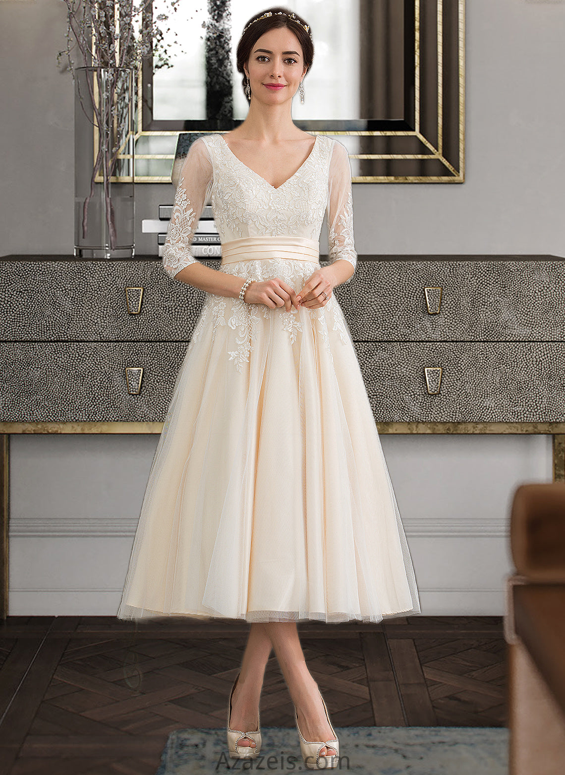 Lillie Ball-Gown/Princess V-neck Tea-Length Tulle Wedding Dress DFP0013731