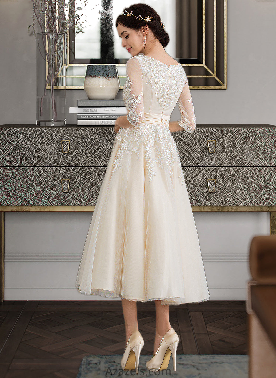 Lillie Ball-Gown/Princess V-neck Tea-Length Tulle Wedding Dress DFP0013731
