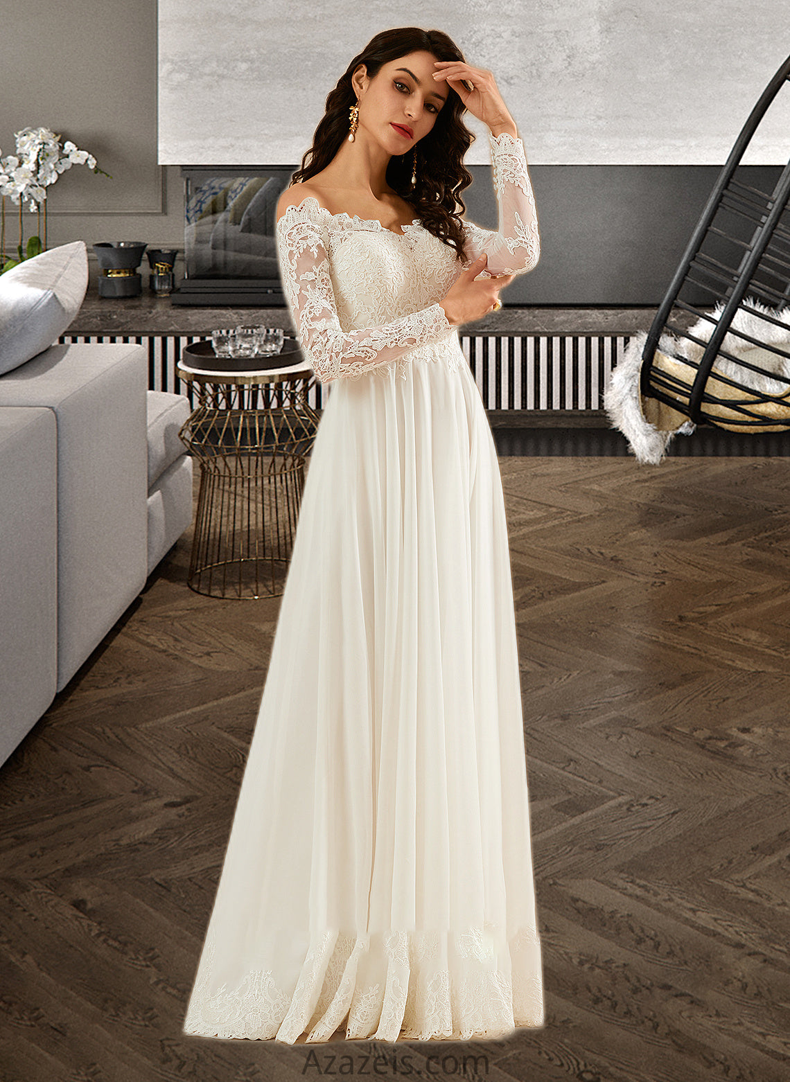 Jessie A-Line Off-the-Shoulder Sweep Train Wedding Dress With Lace DFP0013734