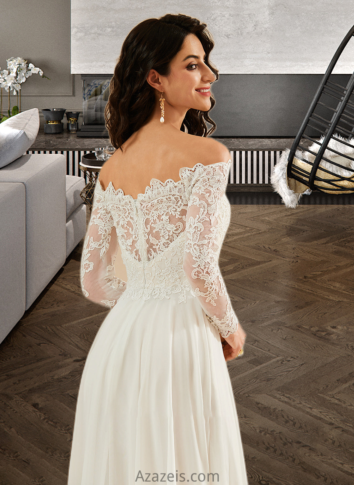 Jessie A-Line Off-the-Shoulder Sweep Train Wedding Dress With Lace DFP0013734
