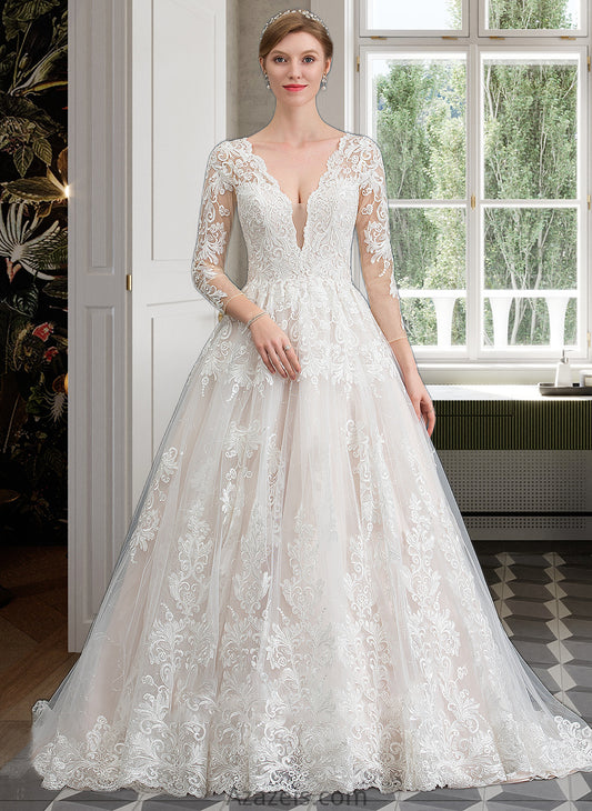 Makenzie Ball-Gown/Princess V-neck Chapel Train Tulle Wedding Dress DFP0013735