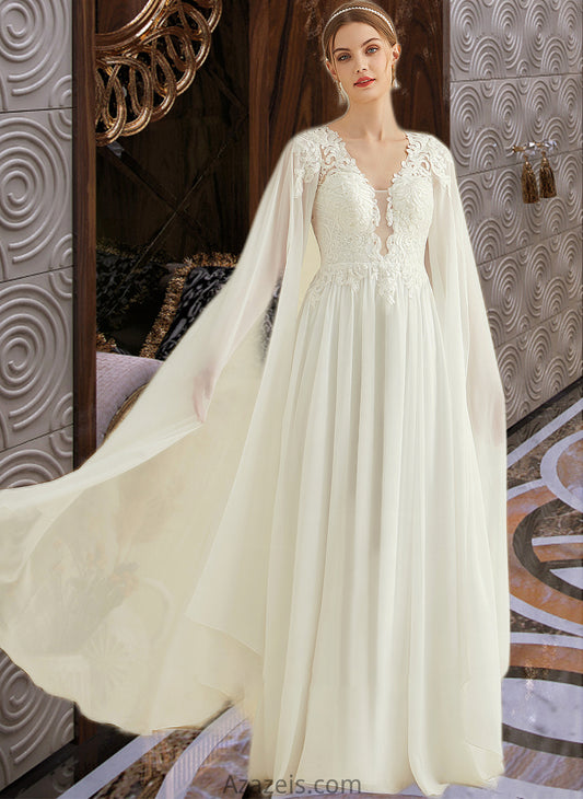 Melina A-Line V-neck Floor-Length Chiffon Lace Wedding Dress With Sequins DFP0013736