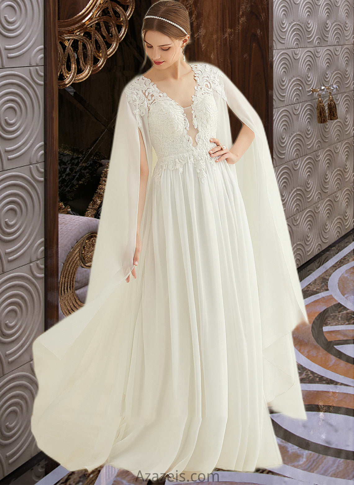 Melina A-Line V-neck Floor-Length Chiffon Lace Wedding Dress With Sequins DFP0013736