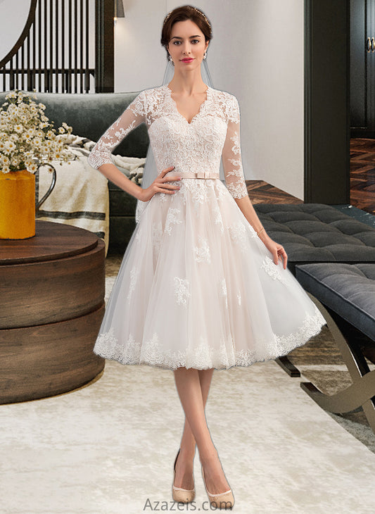 Amanda A-Line V-neck Knee-Length Tulle Wedding Dress With Bow(s) DFP0013737