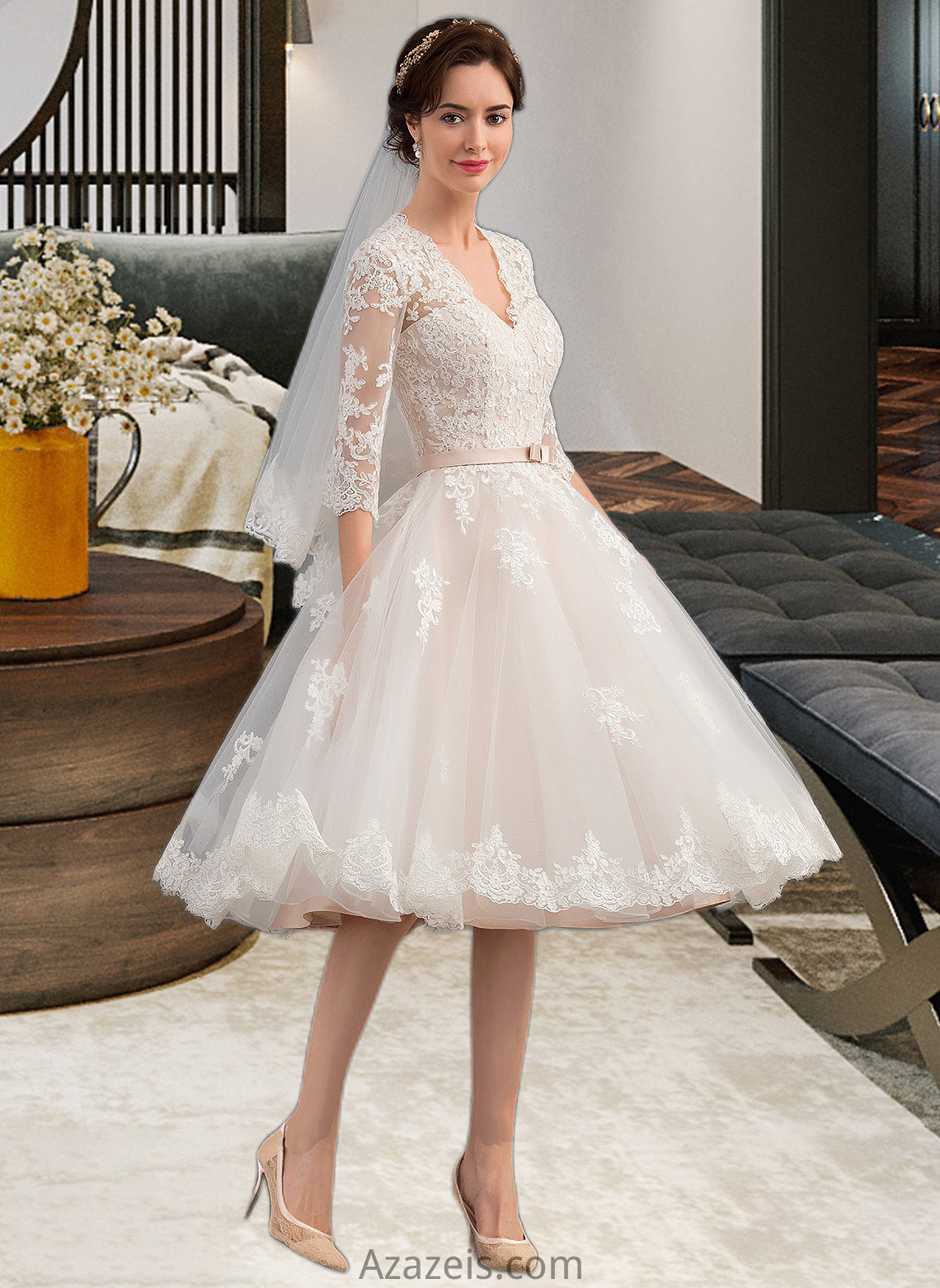 Amanda A-Line V-neck Knee-Length Tulle Wedding Dress With Bow(s) DFP0013737