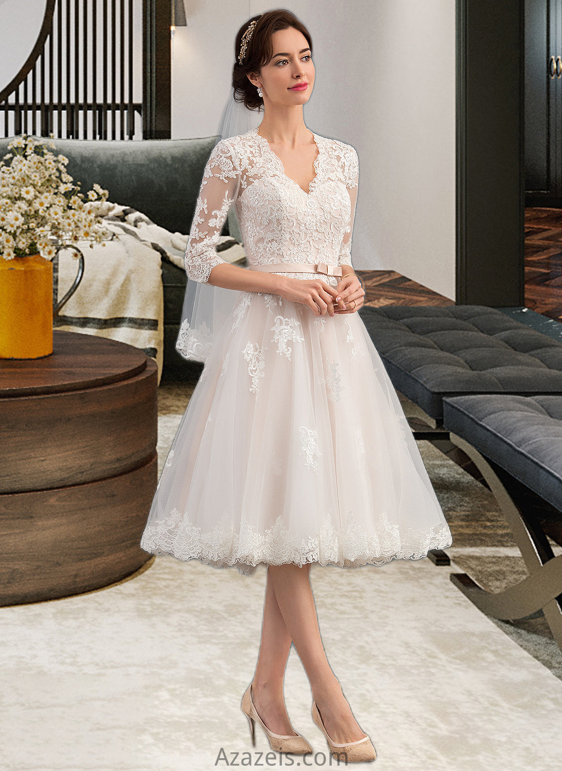 Amanda A-Line V-neck Knee-Length Tulle Wedding Dress With Bow(s) DFP0013737