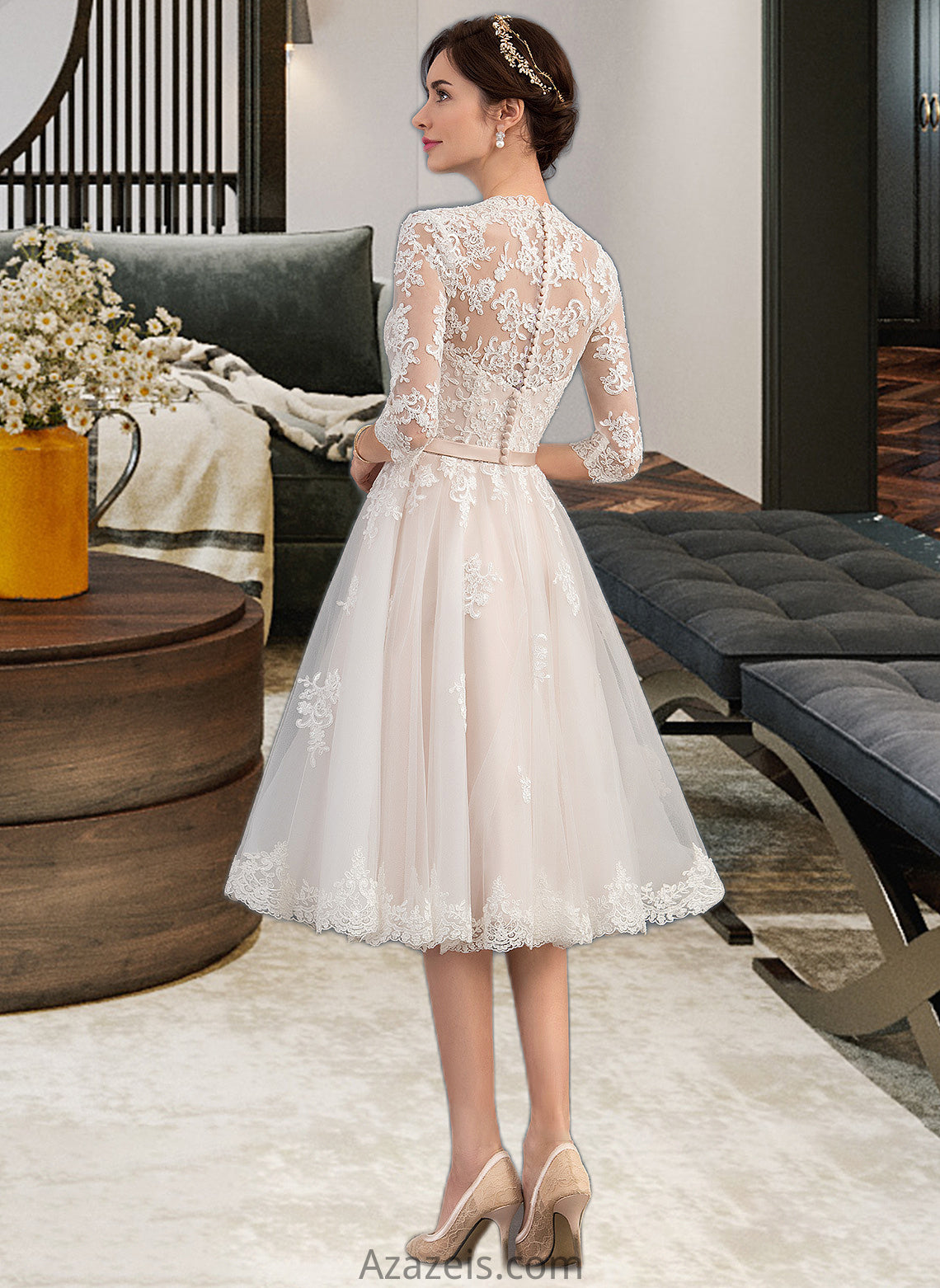 Amanda A-Line V-neck Knee-Length Tulle Wedding Dress With Bow(s) DFP0013737