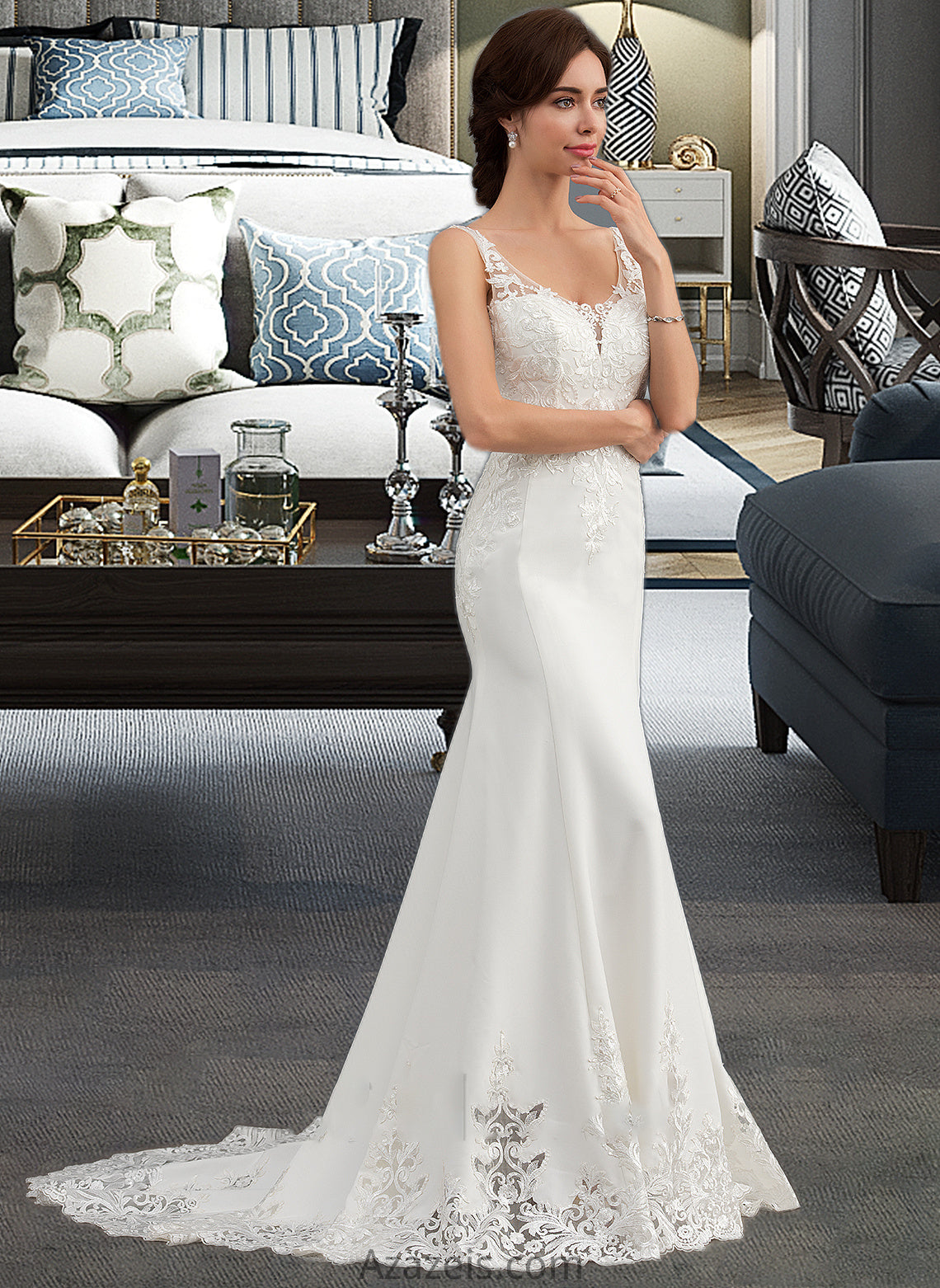 Harper Trumpet/Mermaid V-neck Court Train Lace Stretch Crepe Wedding Dress With Sequins DFP0013738