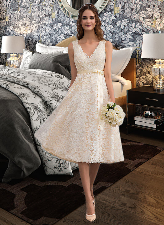 Gina A-Line V-neck Knee-Length Lace Wedding Dress With Bow(s) DFP0013739