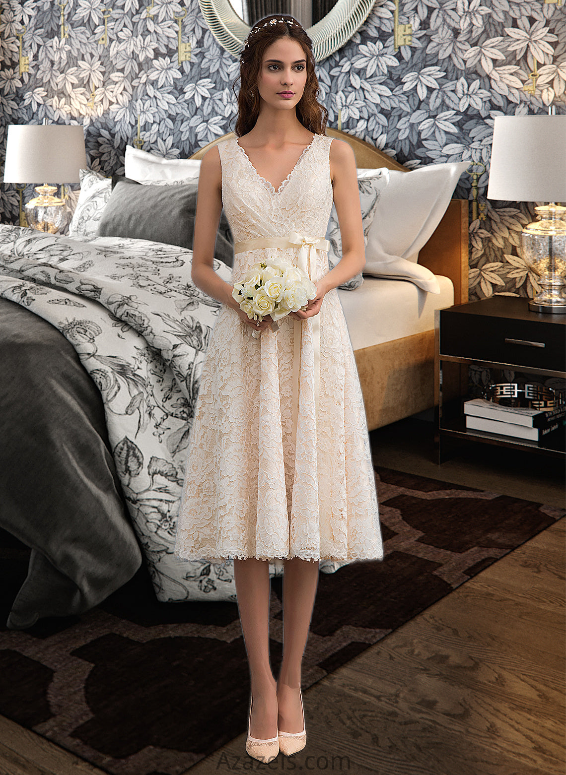 Gina A-Line V-neck Knee-Length Lace Wedding Dress With Bow(s) DFP0013739