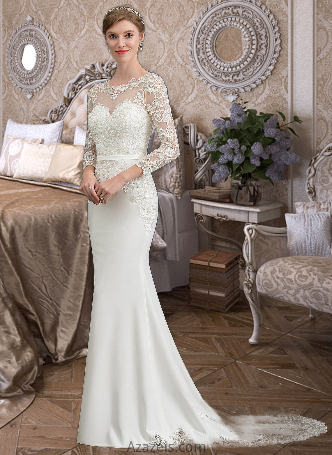 Precious Trumpet/Mermaid Illusion Chapel Train Stretch Crepe Wedding Dress With Lace DFP0013740