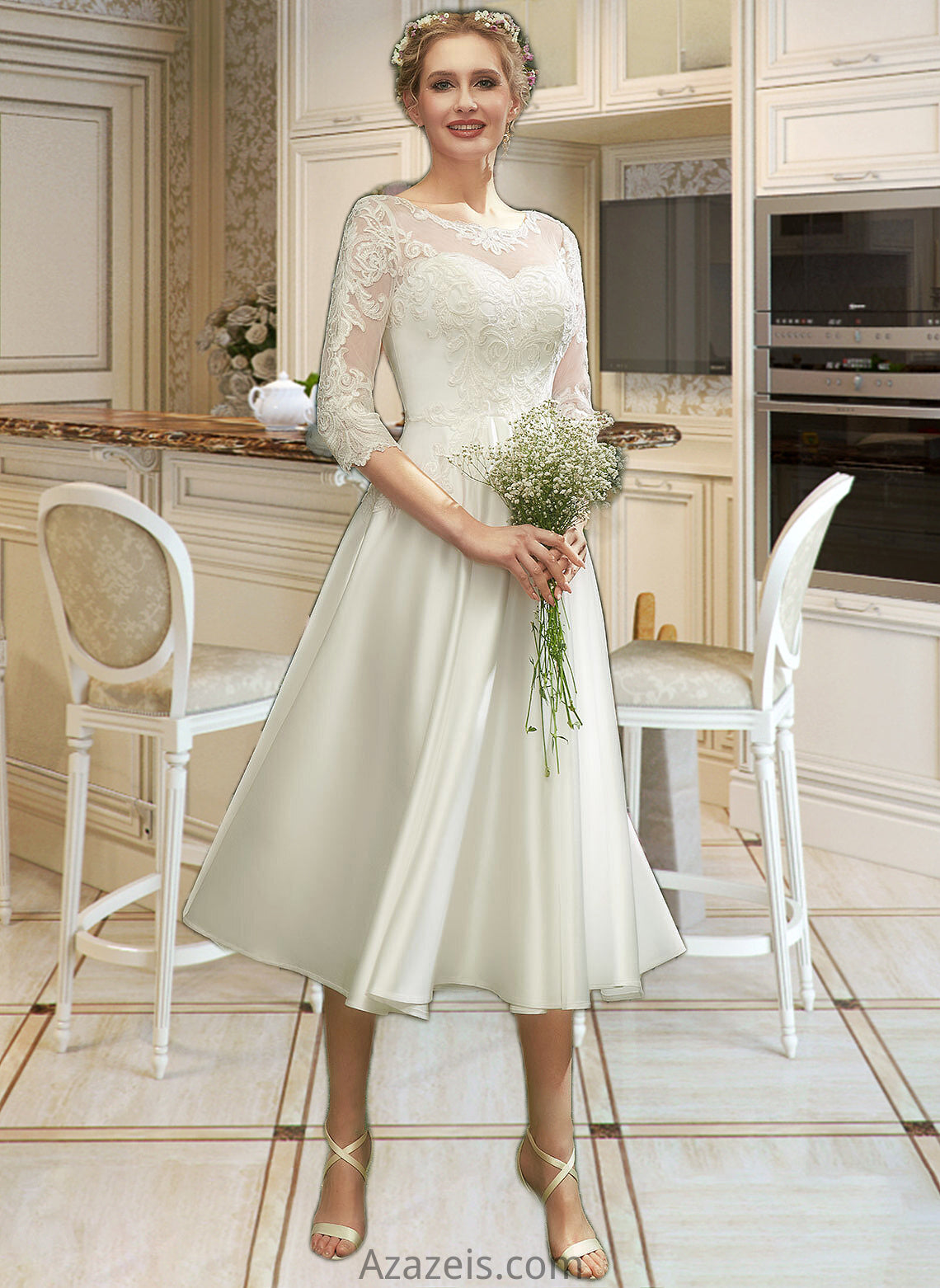 Cara A-Line Illusion Tea-Length Wedding Dress With Lace DFP0013741