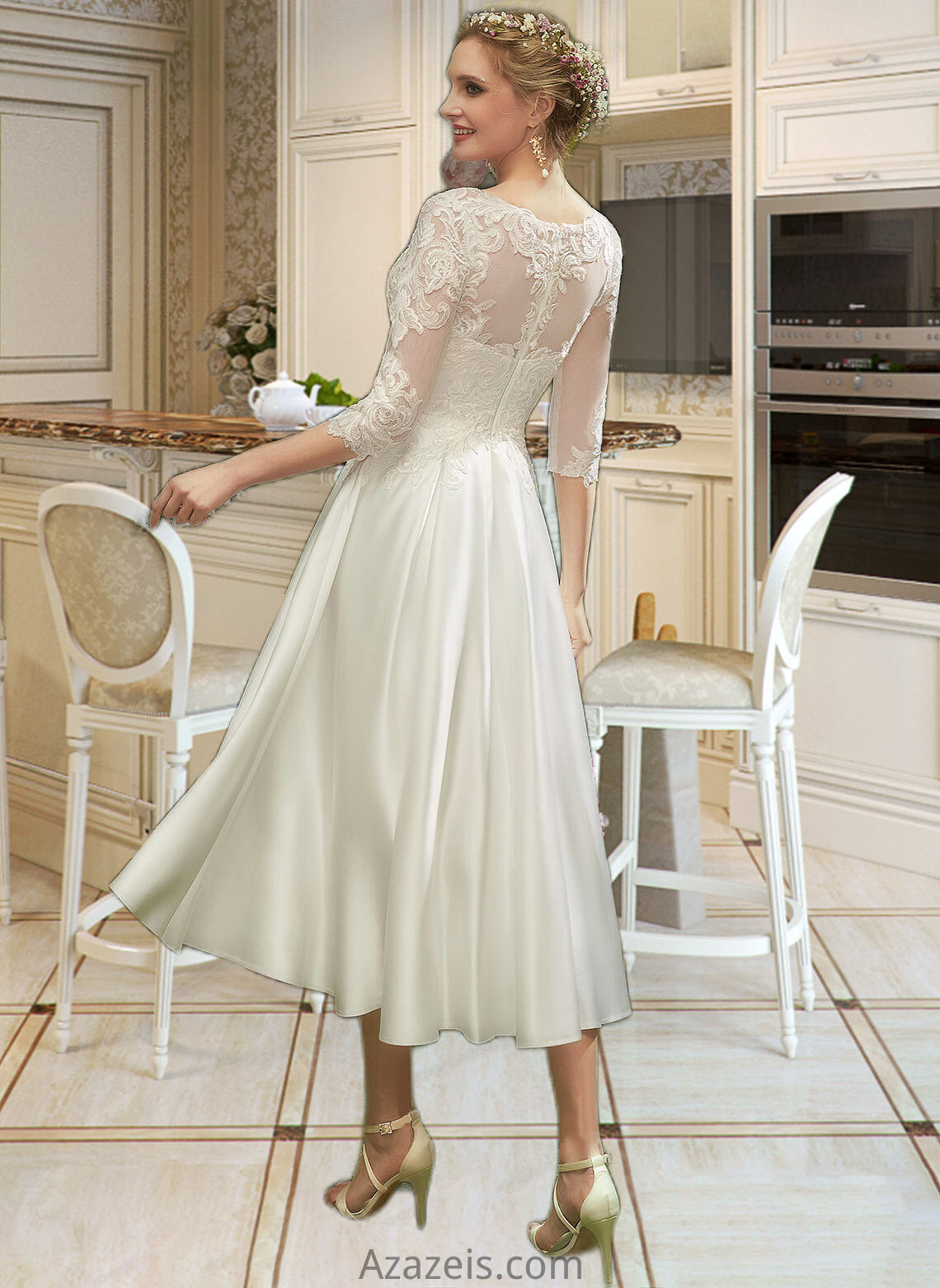 Cara A-Line Illusion Tea-Length Wedding Dress With Lace DFP0013741