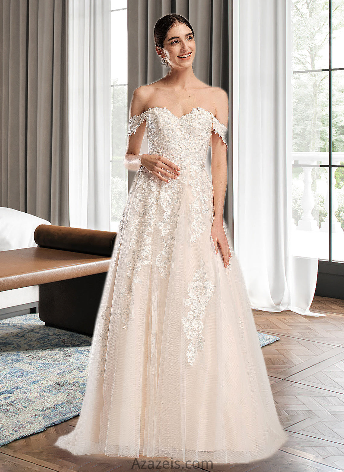Lacey Ball-Gown/Princess Off-the-Shoulder Chapel Train Wedding Dress DFP0013742
