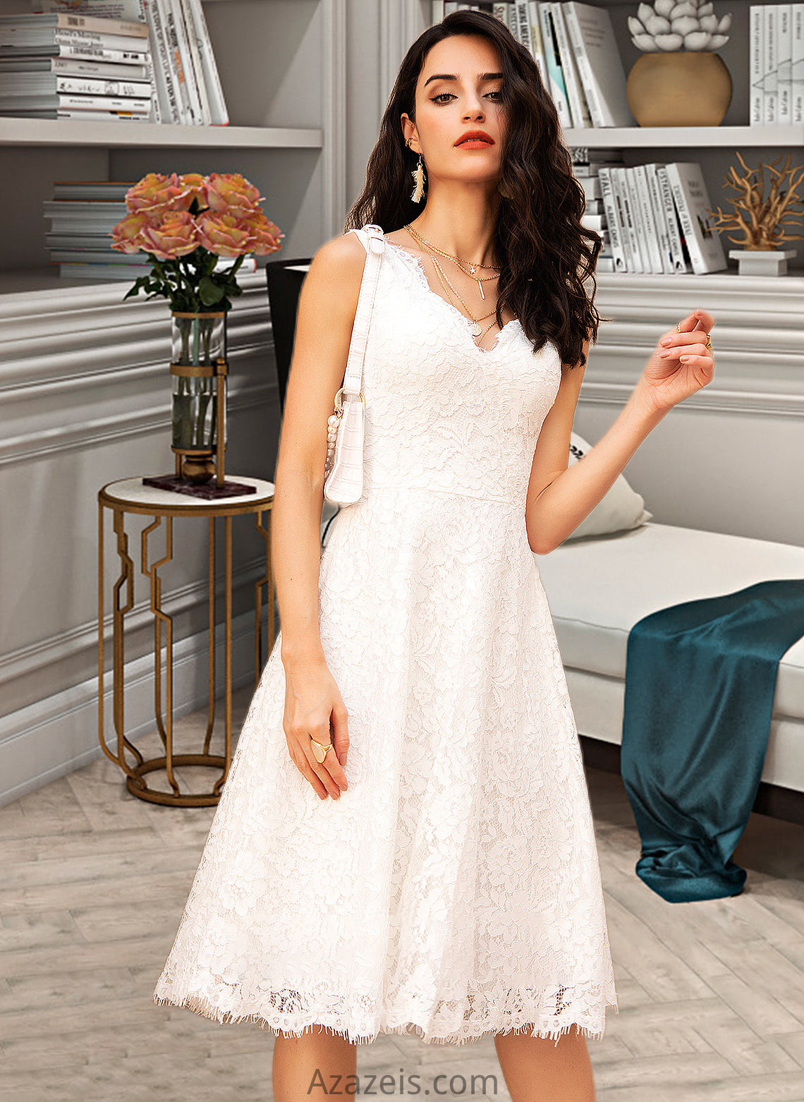 Adeline A-Line V-neck Knee-Length Wedding Dress DFP0013743