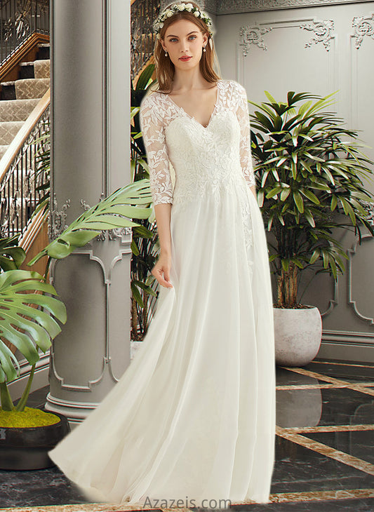 Lucinda A-Line V-neck Floor-Length Chiffon Lace Wedding Dress DFP0013745