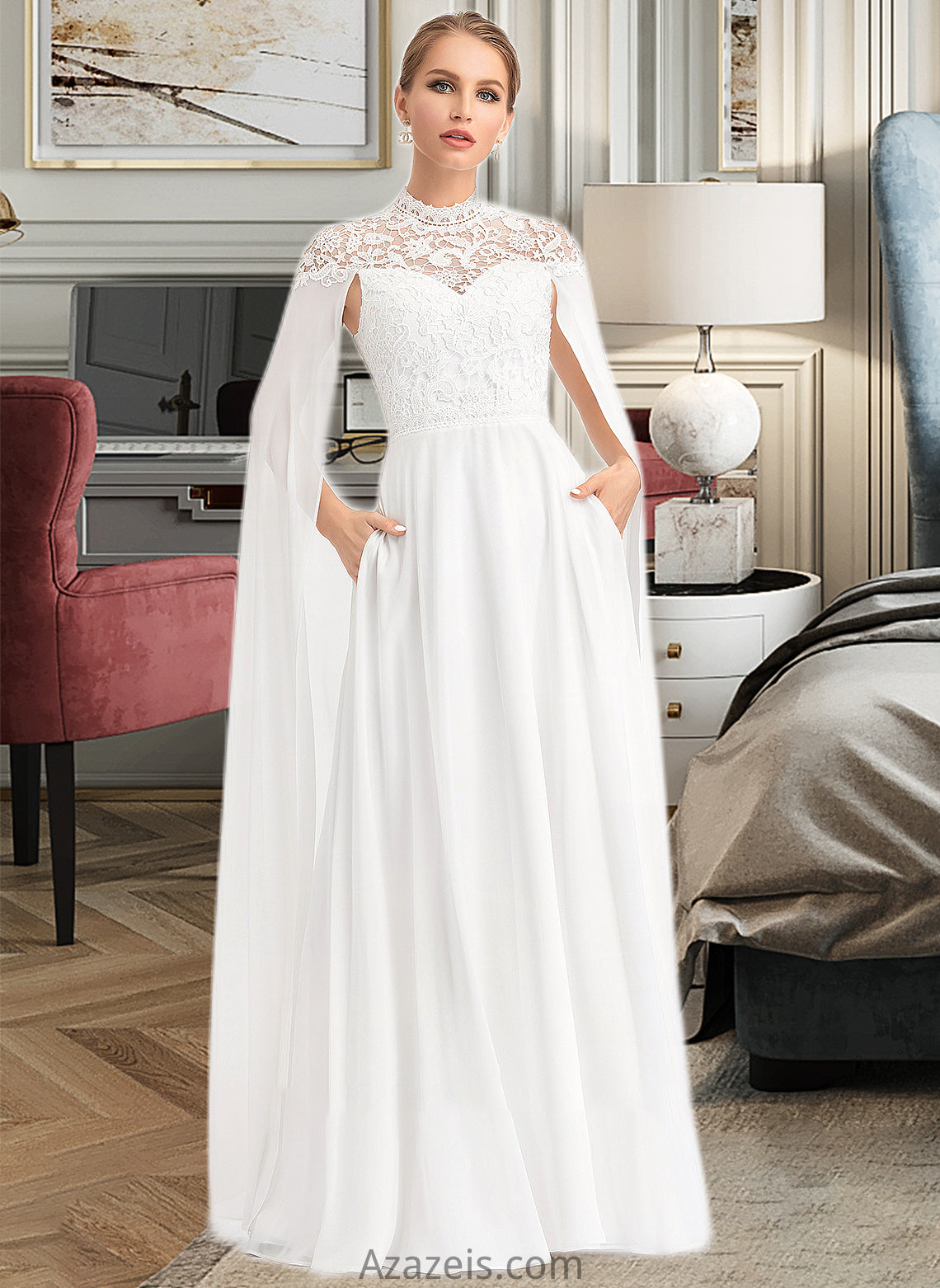 Gloria A-Line High Neck Floor-Length Chiffon Wedding Dress DFP0013748