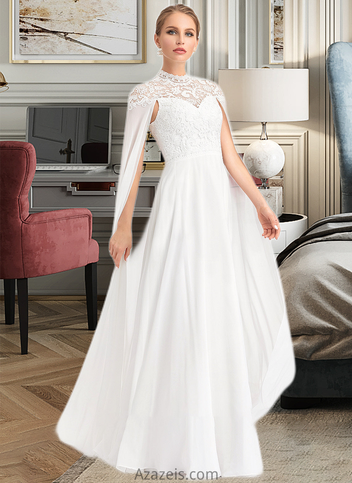 Gloria A-Line High Neck Floor-Length Chiffon Wedding Dress DFP0013748