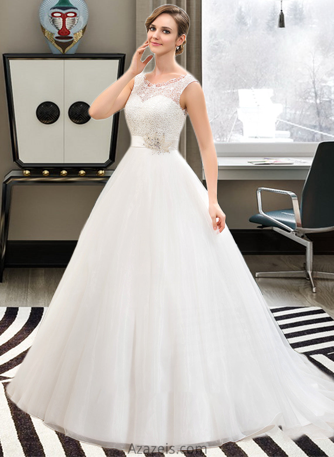 Mireya Ball-Gown/Princess Scoop Neck Sweep Train Organza Lace Wedding Dress With Beading Sequins DFP0013751