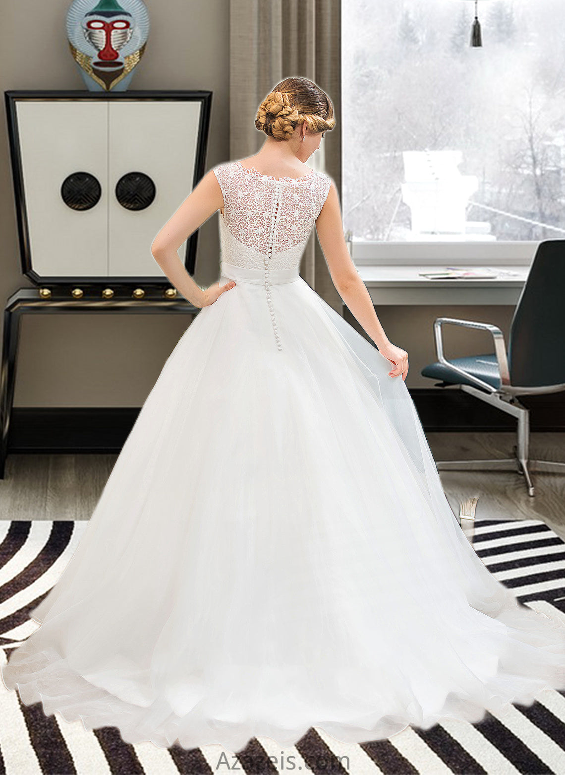 Mireya Ball-Gown/Princess Scoop Neck Sweep Train Organza Lace Wedding Dress With Beading Sequins DFP0013751