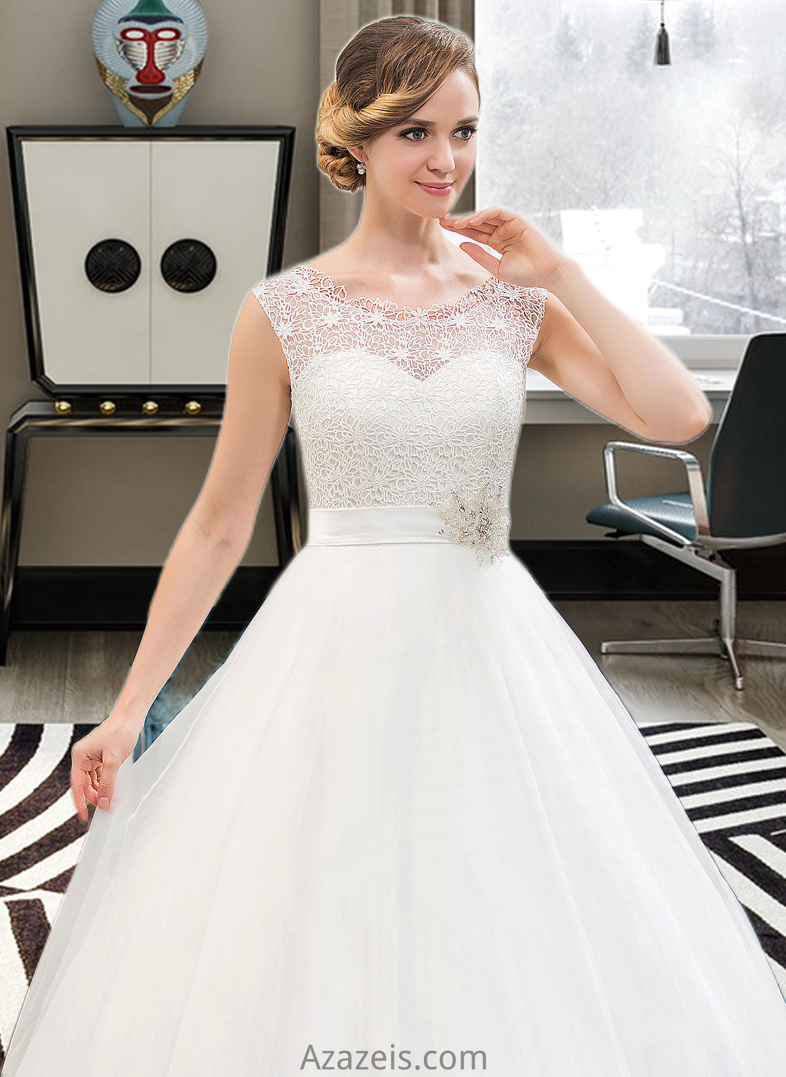 Mireya Ball-Gown/Princess Scoop Neck Sweep Train Organza Lace Wedding Dress With Beading Sequins DFP0013751