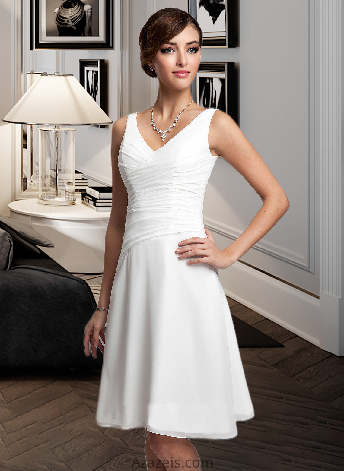 Caylee A-Line V-neck Knee-Length Chiffon Wedding Dress With Ruffle Beading Sequins DFP0013752