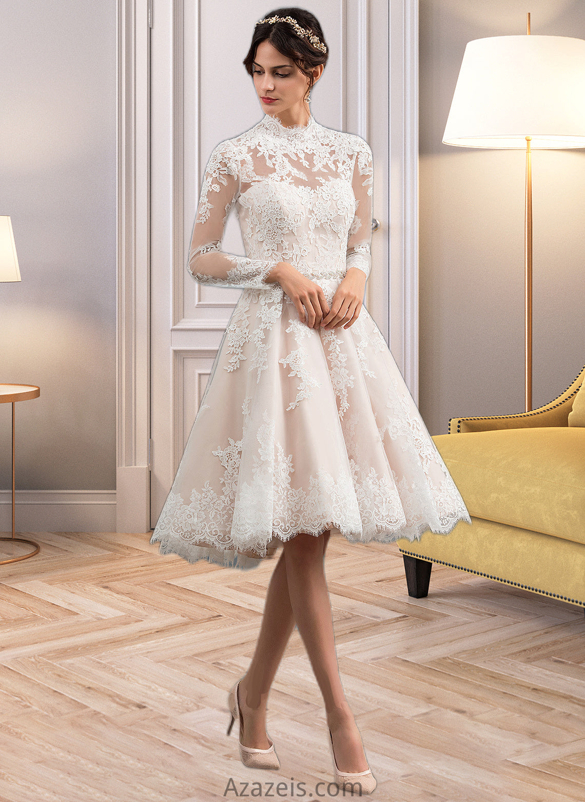 Esmeralda A-Line Illusion Knee-Length Lace Wedding Dress DFP0013754