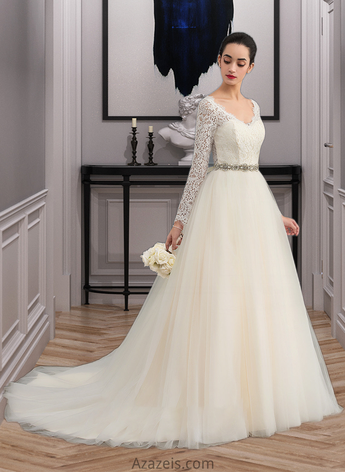 Peggie Ball-Gown/Princess V-neck Court Train Tulle Lace Wedding Dress DFP0013756