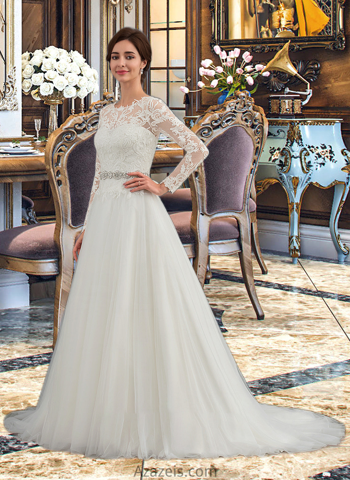 Karen Ball-Gown/Princess Scoop Neck Sweep Train Tulle Wedding Dress DFP0013759