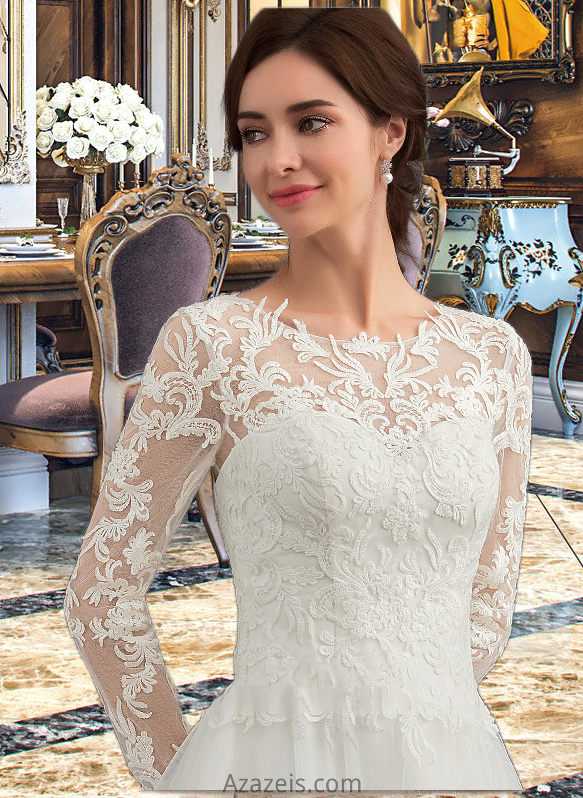 Karen Ball-Gown/Princess Scoop Neck Sweep Train Tulle Wedding Dress DFP0013759